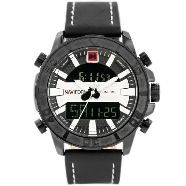 NAVIFORCE NF9114 férfi analóg-digitális karóra, bőr szíj, fekete/ezüst, 50 mm
