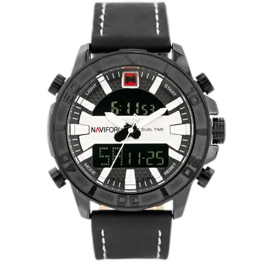 NAVIFORCE NF9114 férfi analóg-digitális karóra, bőr szíj, fekete/ezüst, 50 mm