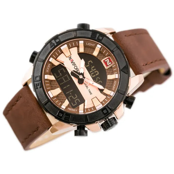 NAVIFORCE NF9114 férfi karóra, barna bőr szíj, rosegold tok, analóg-digitális