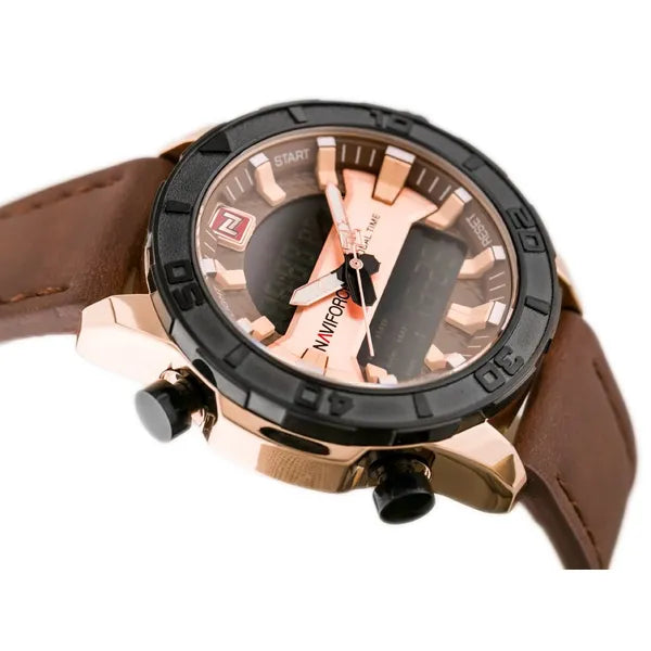 NAVIFORCE NF9114 férfi karóra, barna bőr szíj, rosegold tok, analóg-digitális