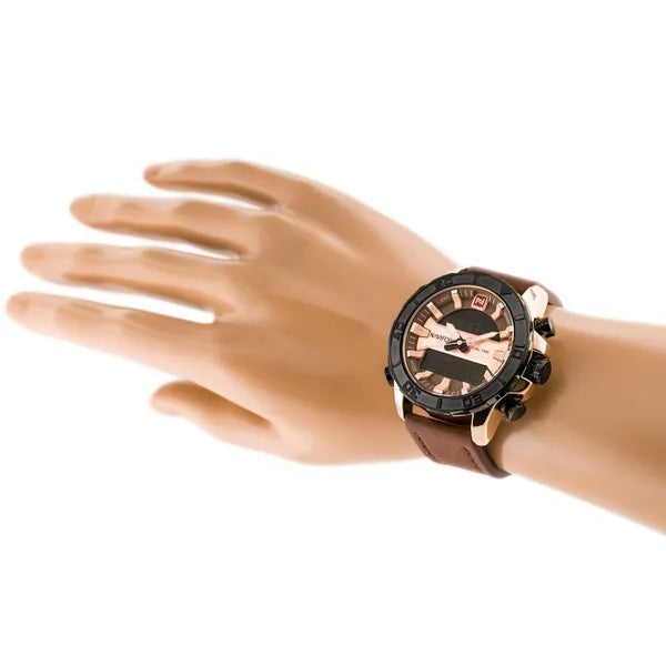 NAVIFORCE NF9114 férfi karóra, barna bőr szíj, rosegold tok, analóg-digitális
