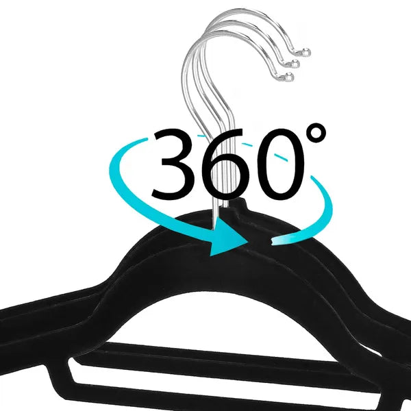 Velúr vállfa szett, fekete, 44,5 cm, 20 db, 360° forgó kampó