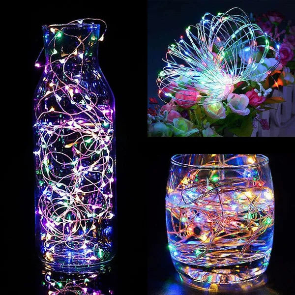 Mikro LED fényfüzér, 10 multiszínű dióda, elemes, 0,9 m