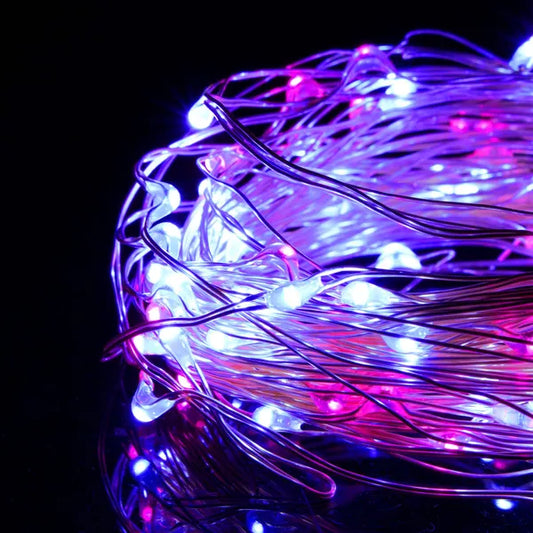 Mikro LED fényfüzér, 20 db, 1,9 m, elemes, rózsaszín-kék