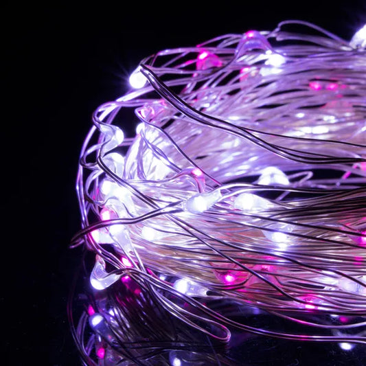 Micro LED fényfüzér 1,9 m, 20 LED, elemes, hideg fehér+rózsaszín