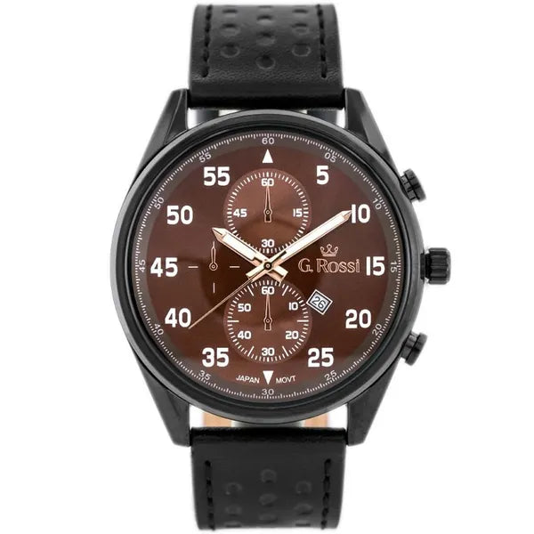 G. Rossi férfi karóra, 49 mm, barna számlap, fekete bőrszíj, dátum, WR30