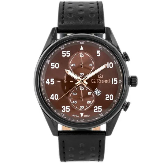 G. Rossi férfi karóra, 49 mm, barna számlap, fekete bőrszíj, dátum, WR30