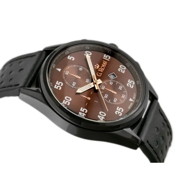 G. Rossi férfi karóra, 49 mm, barna számlap, fekete bőrszíj, dátum, WR30