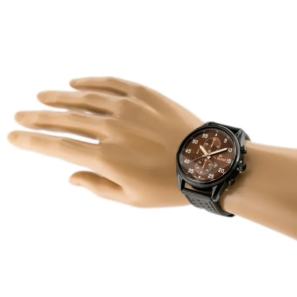 G. Rossi férfi karóra, 49 mm, barna számlap, fekete bőrszíj, dátum, WR30