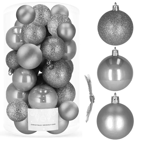Karácsonyfadísz gömbkészlet 30 db, 4-6 cm, szürke-ezüst, törhetetlen