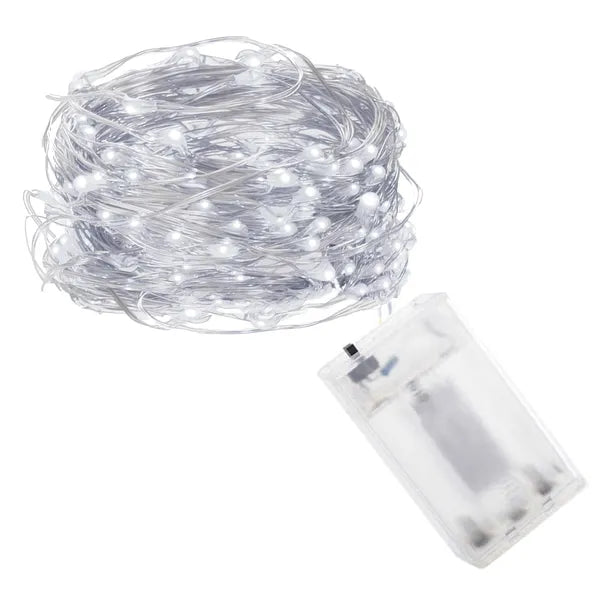 Hidegfehér mikro LED fényfüzér 100 izzó, 9,9 m, elemes