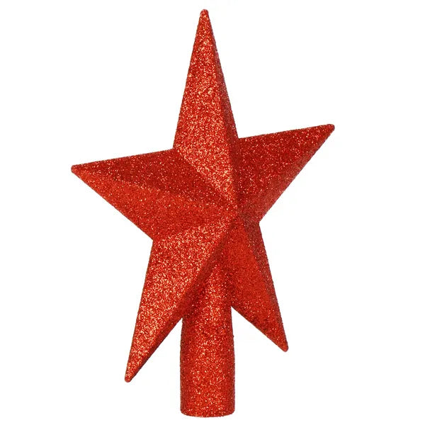Piros csillogó műanyag karácsonyfa csúcsdísz, csillag, 15 cm