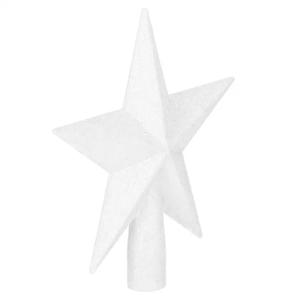 Fehér csillámos műanyag karácsonyfa csúcsdísz, 15 cm