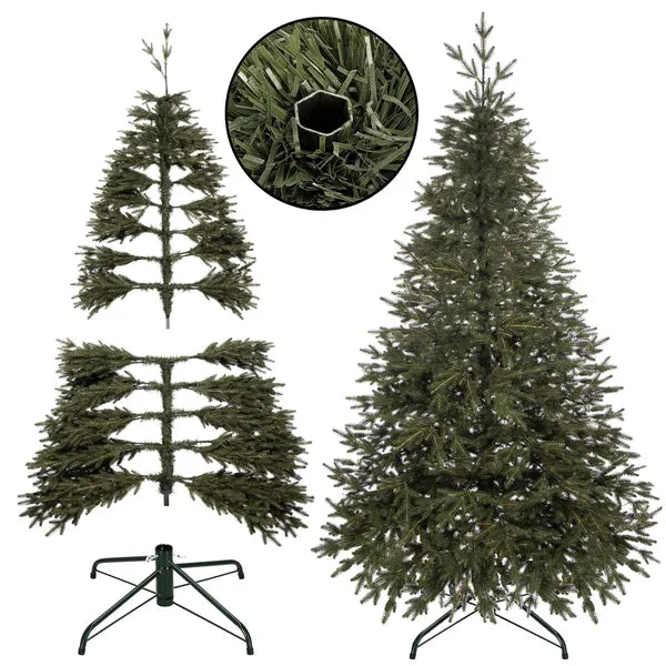 Prémium műfenyő, 100% PE lucfenyő, 220 cm, sötétzöld, fém talp