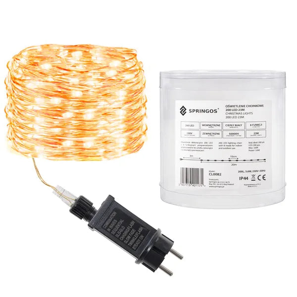 200 LED-es melegfehér, 20 m-es dekor fényfüzér IP44, 8 programmal