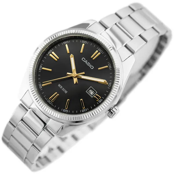 Casio MTP-1302D-1A2 férfi karóra, fekete számlap, acél szíj, WR50, dátum