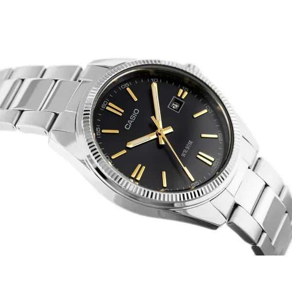 Casio MTP-1302D-1A2 férfi karóra, fekete számlap, acél szíj, WR50, dátum