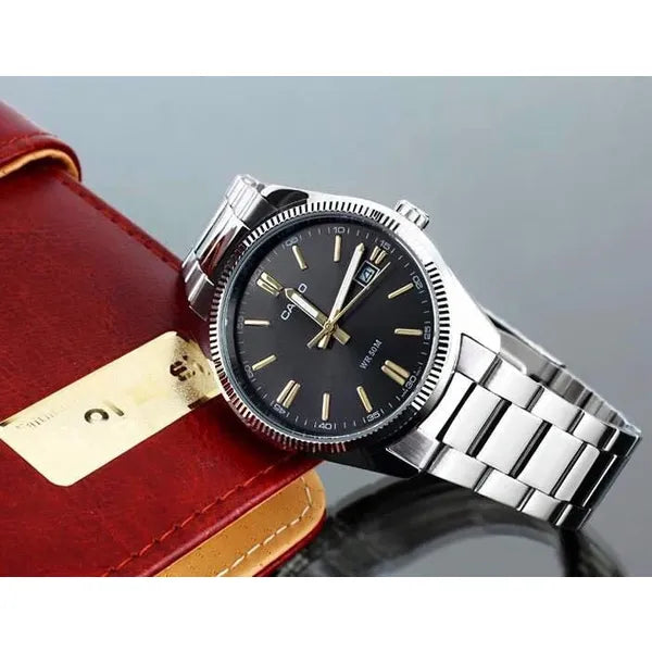 Casio MTP-1302D-1A2 férfi karóra, fekete számlap, acél szíj, WR50, dátum
