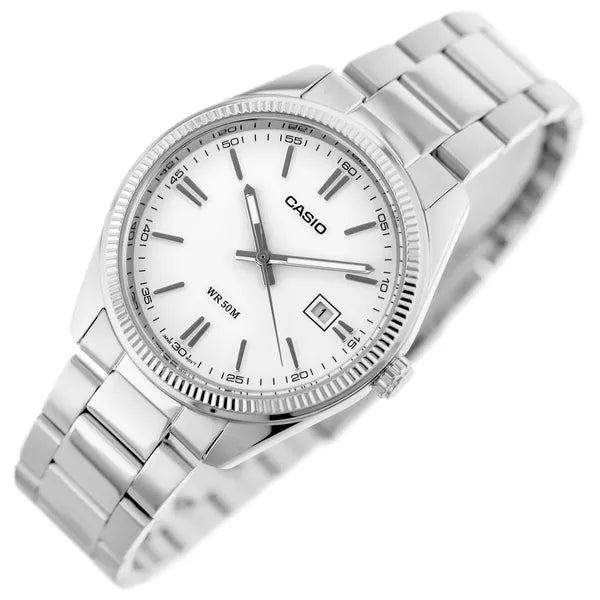Casio MTP-1302D-7A1 férfi karóra, acél szíj, fehér számlap, WR50