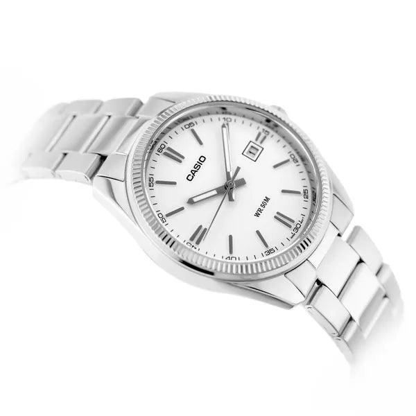 Casio MTP-1302D-7A1 férfi karóra, acél szíj, fehér számlap, WR50