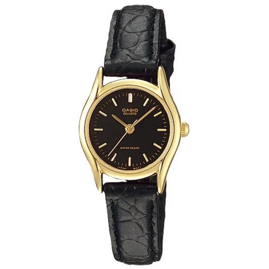 Női karóra Casio LTP-1094Q-1ARDF, arany tok, fekete bőr szíj, WR30