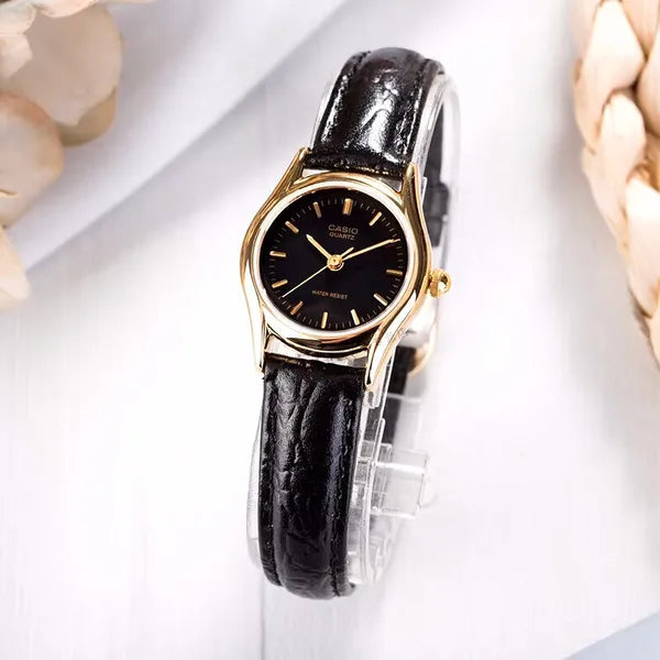 Női karóra Casio LTP-1094Q-1ARDF, arany tok, fekete bőr szíj, WR30