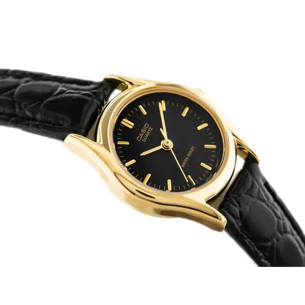 Női karóra Casio LTP-1094Q-1ARDF, arany tok, fekete bőr szíj, WR30