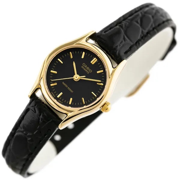 Női karóra Casio LTP-1094Q-1ARDF, arany tok, fekete bőr szíj, WR30