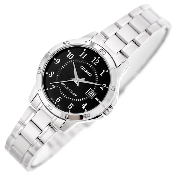 Casio LTP-V004D-1BUDF női karóra, ezüst nemesacél, fekete számlap, 35 mm