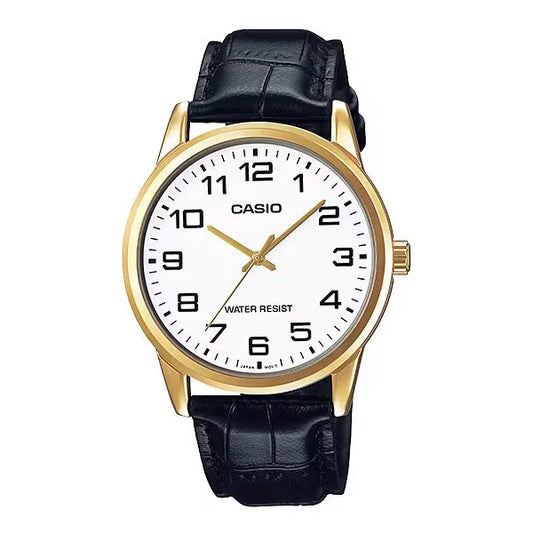 Casio MTP-V001GL-7B férfi karóra – arany tok, fekete bőrszíj, 38 mm