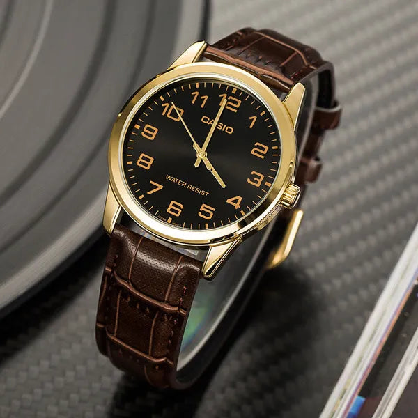 Casio férfi karóra MTP-V001GL-1B arany tok, barna bőrszíj 38 mm