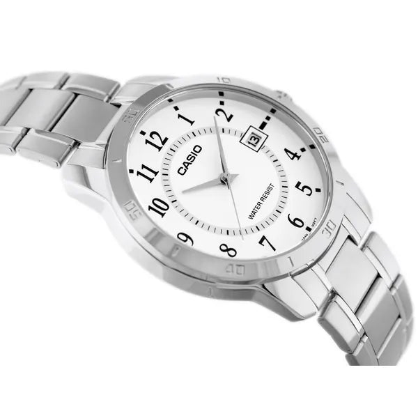 Casio MTP-V004D-7B férfi karóra, rozsdamentes acél szíj, fehér számlap, dátum