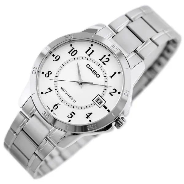 Casio MTP-V004D-7B férfi karóra, rozsdamentes acél szíj, fehér számlap, dátum