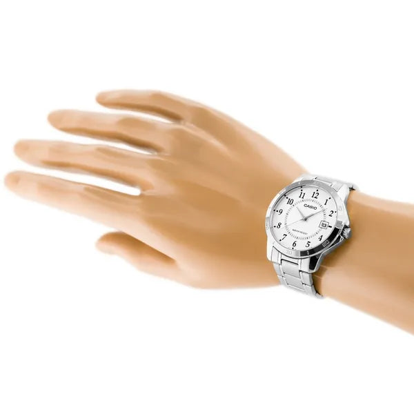 Casio MTP-V004D-7B férfi karóra, rozsdamentes acél szíj, fehér számlap, dátum