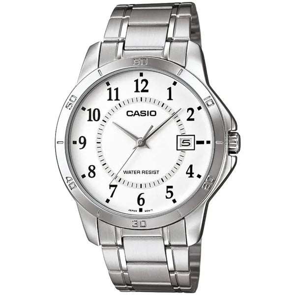 Casio MTP-V004D-7B férfi karóra, rozsdamentes acél szíj, fehér számlap, dátum