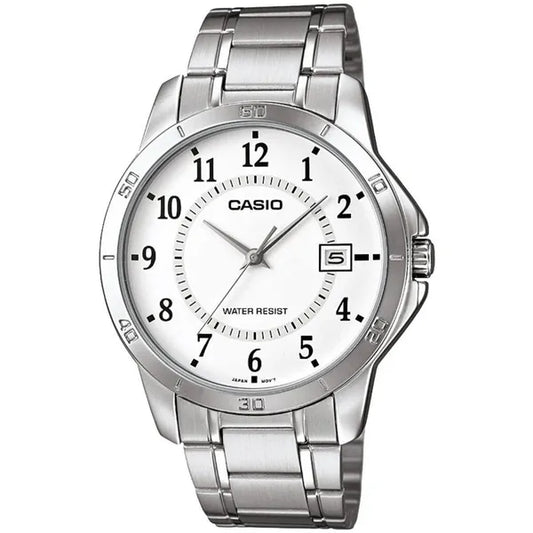 Casio MTP-V004D-7B férfi karóra, rozsdamentes acél szíj, fehér számlap, dátum