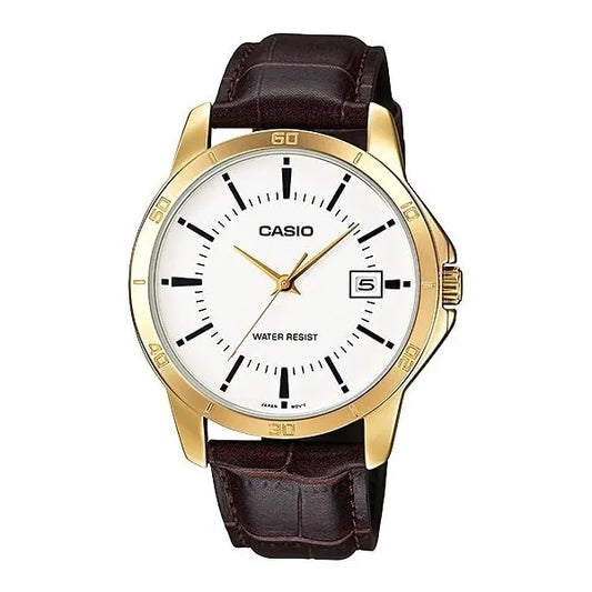 Casio MTP-V004GL-7A férfi karóra, arany tok, barna bőrszíj, WR30