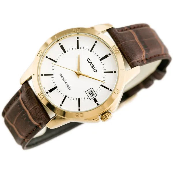 Casio MTP-V004GL-7A férfi karóra, arany tok, barna bőrszíj, WR30