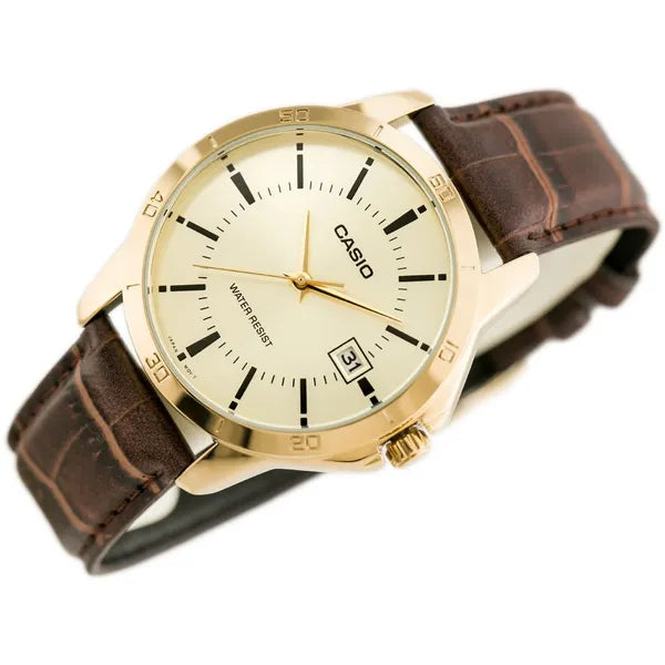 Casio MTP-V004GL-9A férfi karóra, bőrszíj, arany számlap, dátum