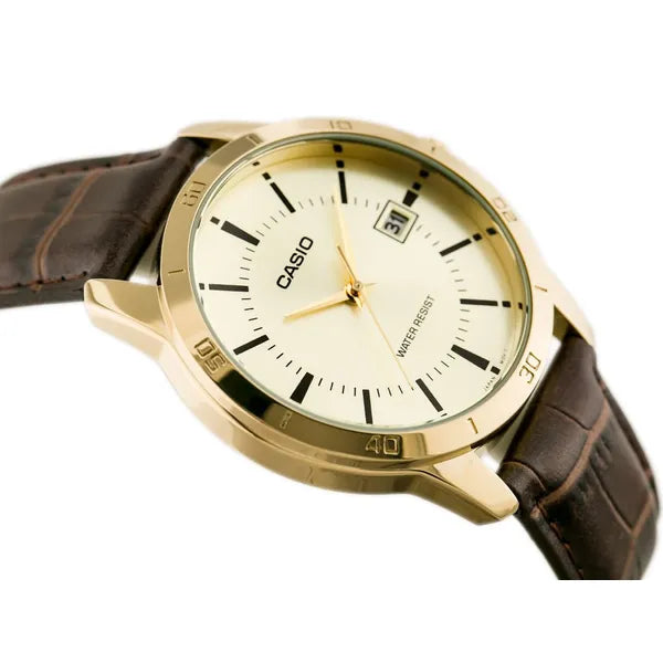 Casio MTP-V004GL-9A férfi karóra, bőrszíj, arany számlap, dátum