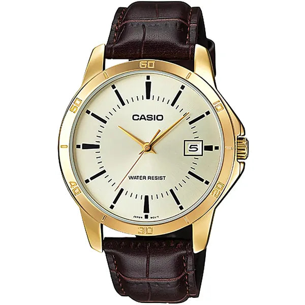 Casio MTP-V004GL-9A férfi karóra, bőrszíj, arany számlap, dátum