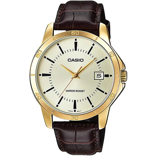 Casio MTP-V004GL-9A férfi karóra, bőrszíj, arany számlap, dátum