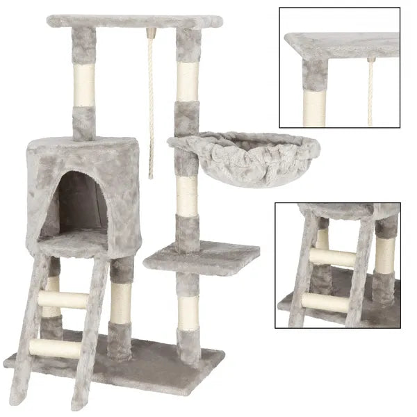 Többszintes macskabútor kaparófával, 96 cm, szürke/krém