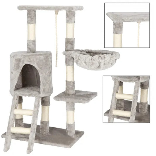 Többszintes macskabútor kaparófával, 96 cm, szürke/krém