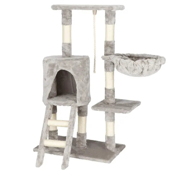 Többszintes macskabútor kaparófával, 96 cm, szürke/krém