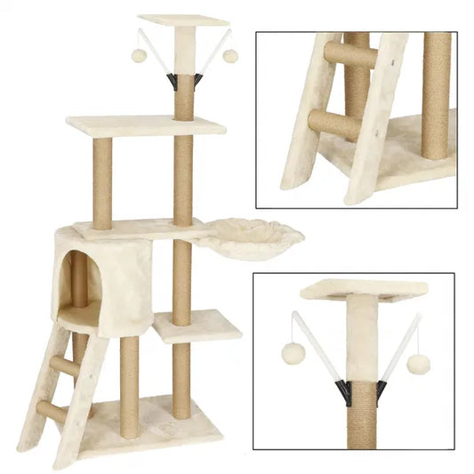 Többszintes macskabútor kaparófával, 136 cm, krém, 7 szint