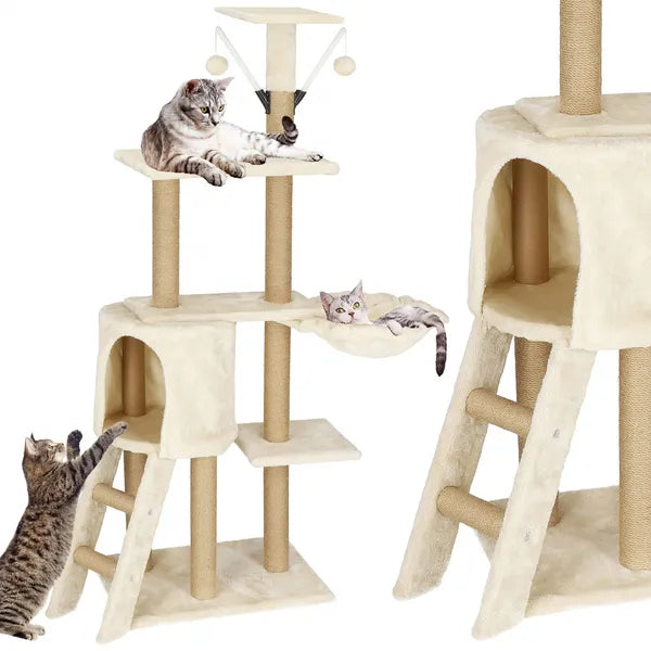 Többszintes macskabútor kaparófával, 136 cm, krém, 7 szint