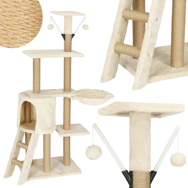 Többszintes macskabútor kaparófával, 136 cm, krém, 7 szint
