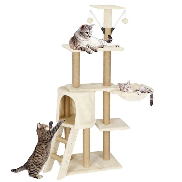 Többszintes macskabútor kaparófával, 136 cm, krém, 7 szint