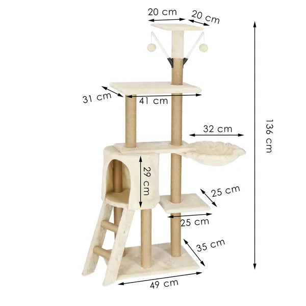 Többszintes macskabútor kaparófával, 136 cm, krém, 7 szint